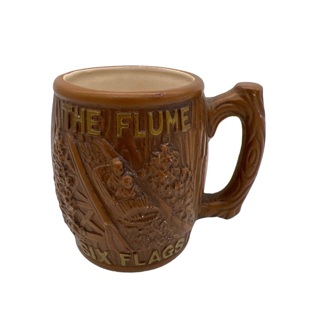 Vintage Six Flags The Flume Ceramic Mug Brown Faux Wood Grain 4"